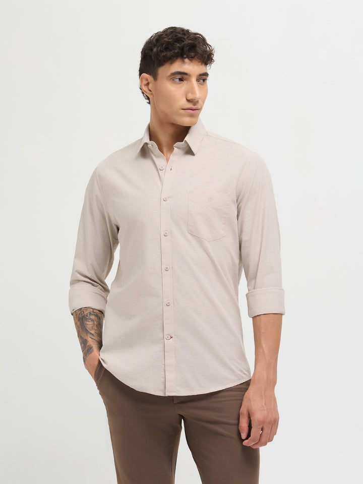 Cream Beige Solid Casual Shirt