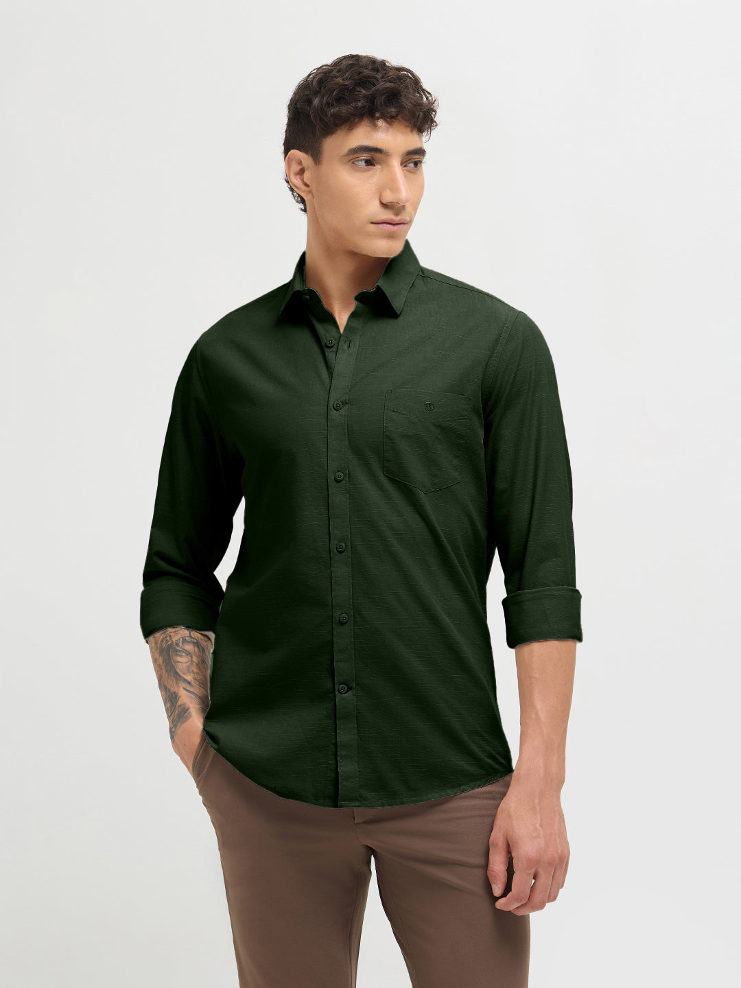 Pine Green Solid Casual Shirt
