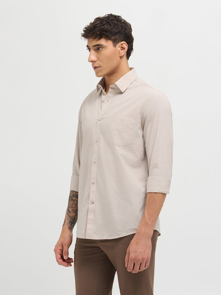 Cream Beige Solid Casual Shirt