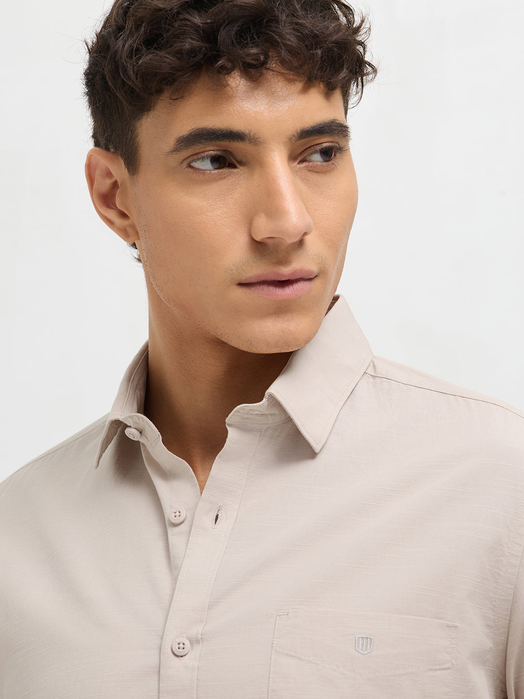 Cream Beige Solid Casual Shirt