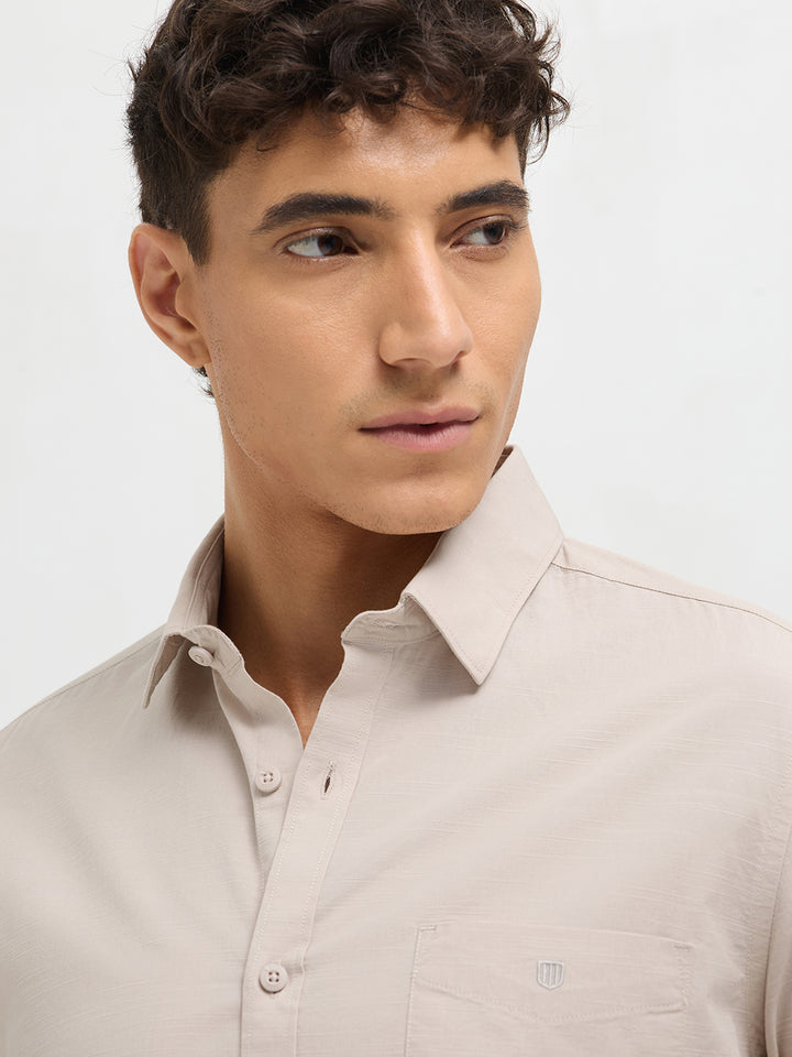 Cream Beige Solid Casual Shirt
