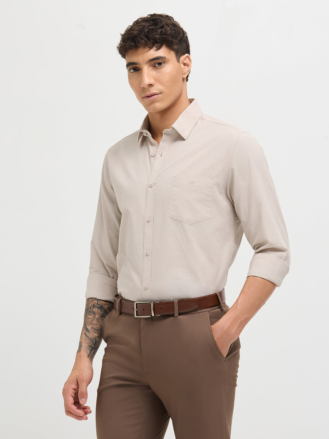 Cream Beige Solid Casual Shirt