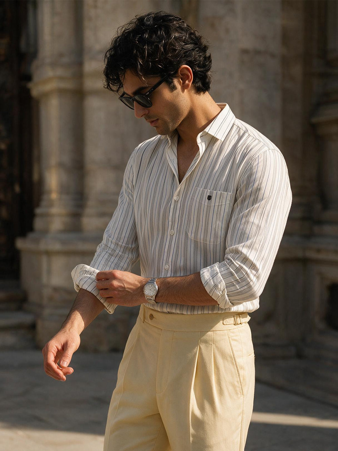 Ivory Mist and Blue Line Vertical Stripes Casual Shirt