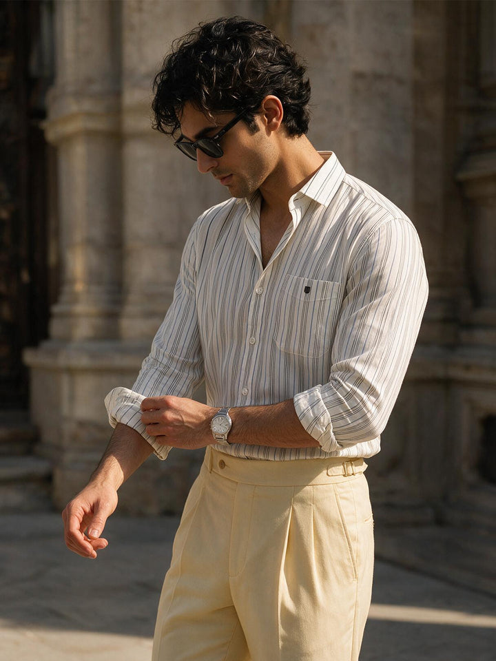 Ivory Mist and Blue Line Vertical Stripes Casual Shirt