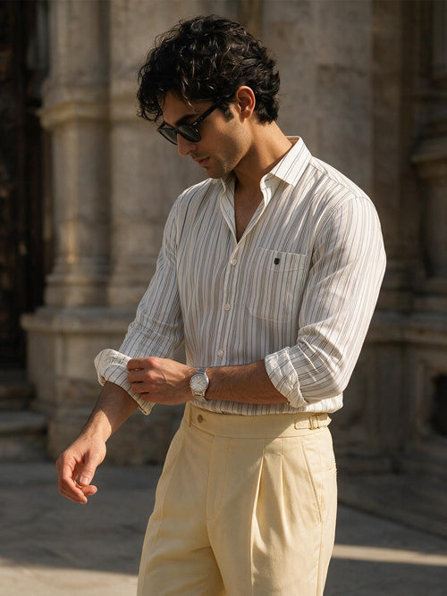 Ivory Mist and Blue Line Vertical Stripes Casual Shirt