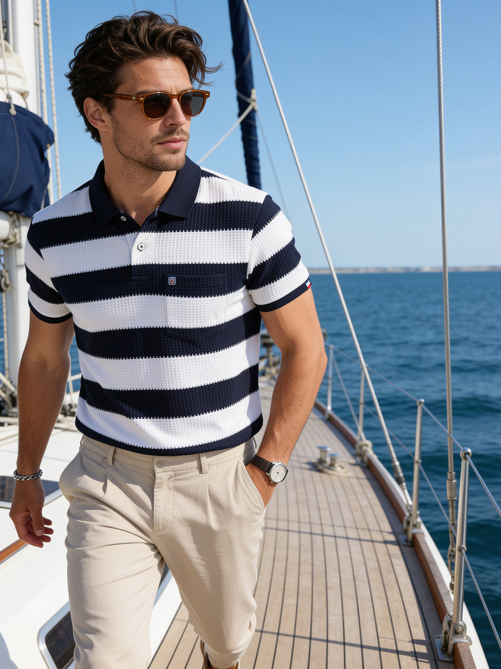 Ink Navy Solid Horizontal Stripes Polo T Shirt