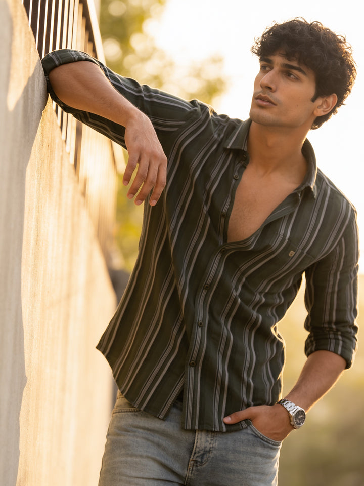 Charcoal Olive Vertical Stripes Casual Shirt
