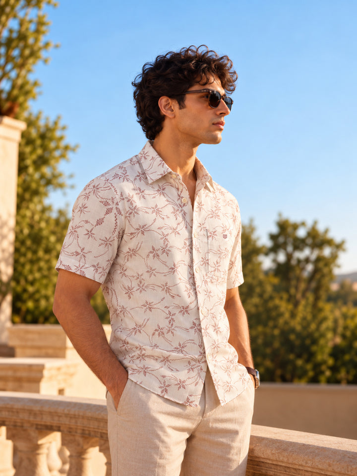 Beige and Maroon Abstract Printed Casual Shirt