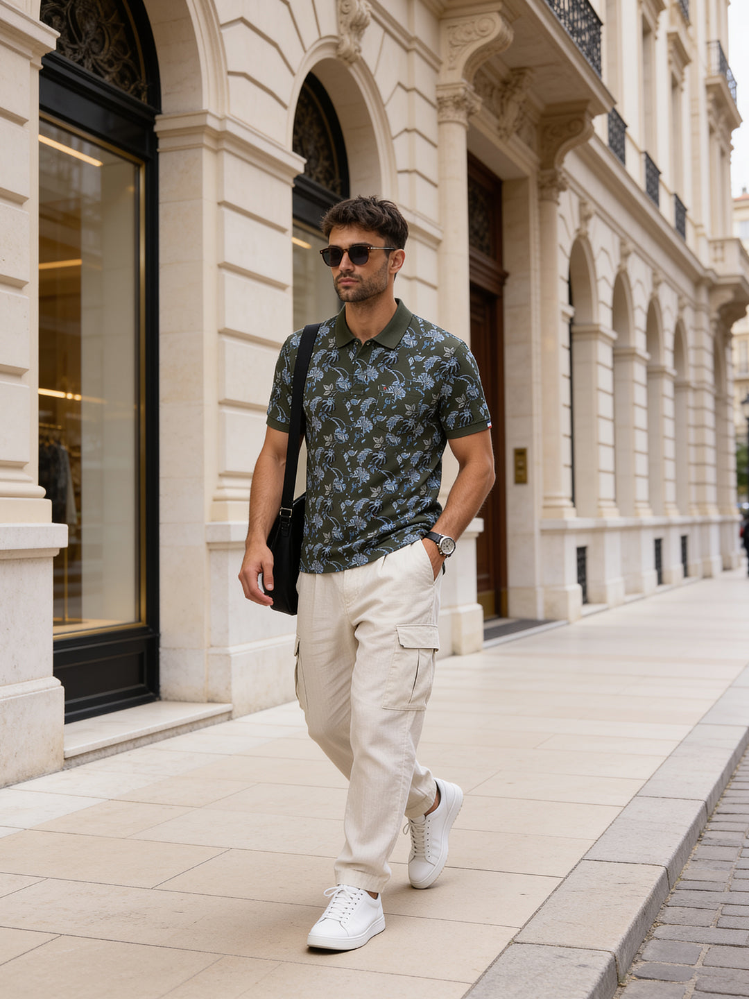 Deep Olive Green Floral Printed Polo T Shirt