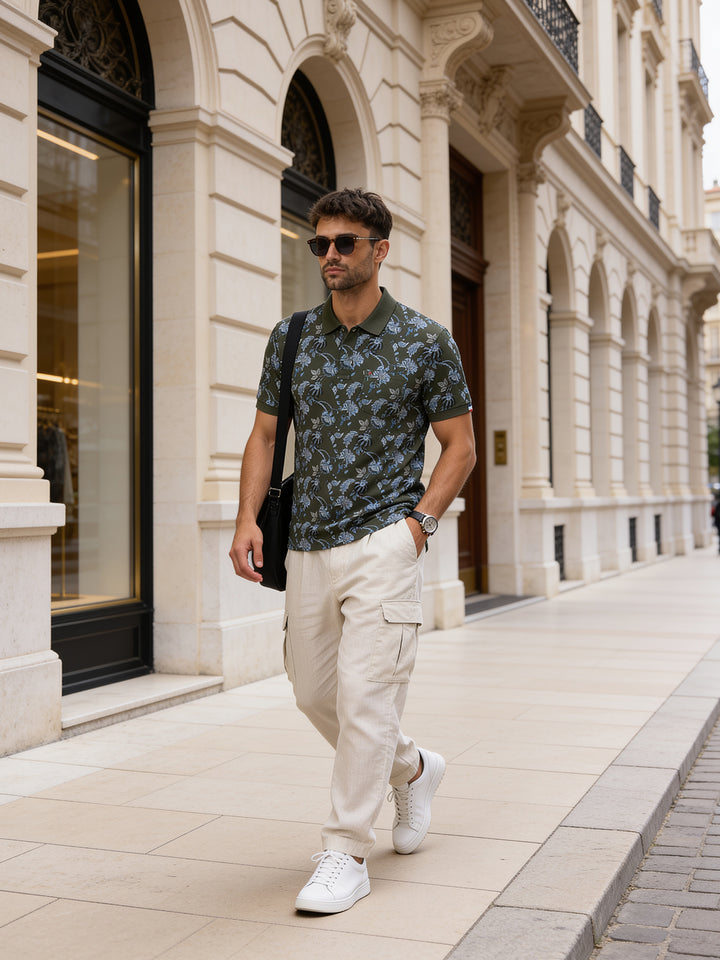 Deep Olive Green Floral Printed Polo T Shirt