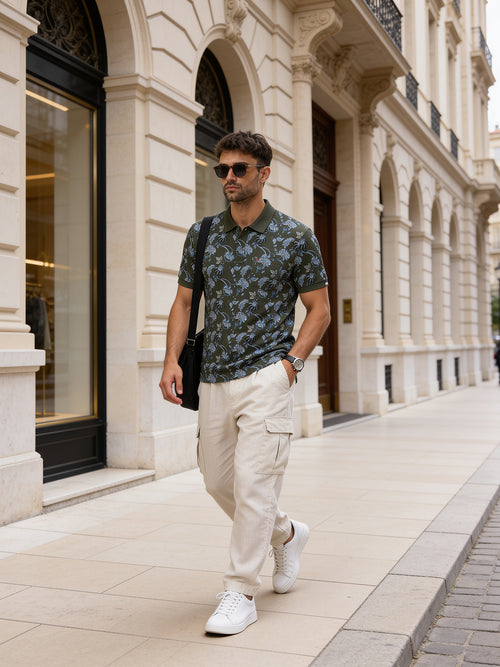 Deep Olive Green Floral Printed Polo T Shirt
