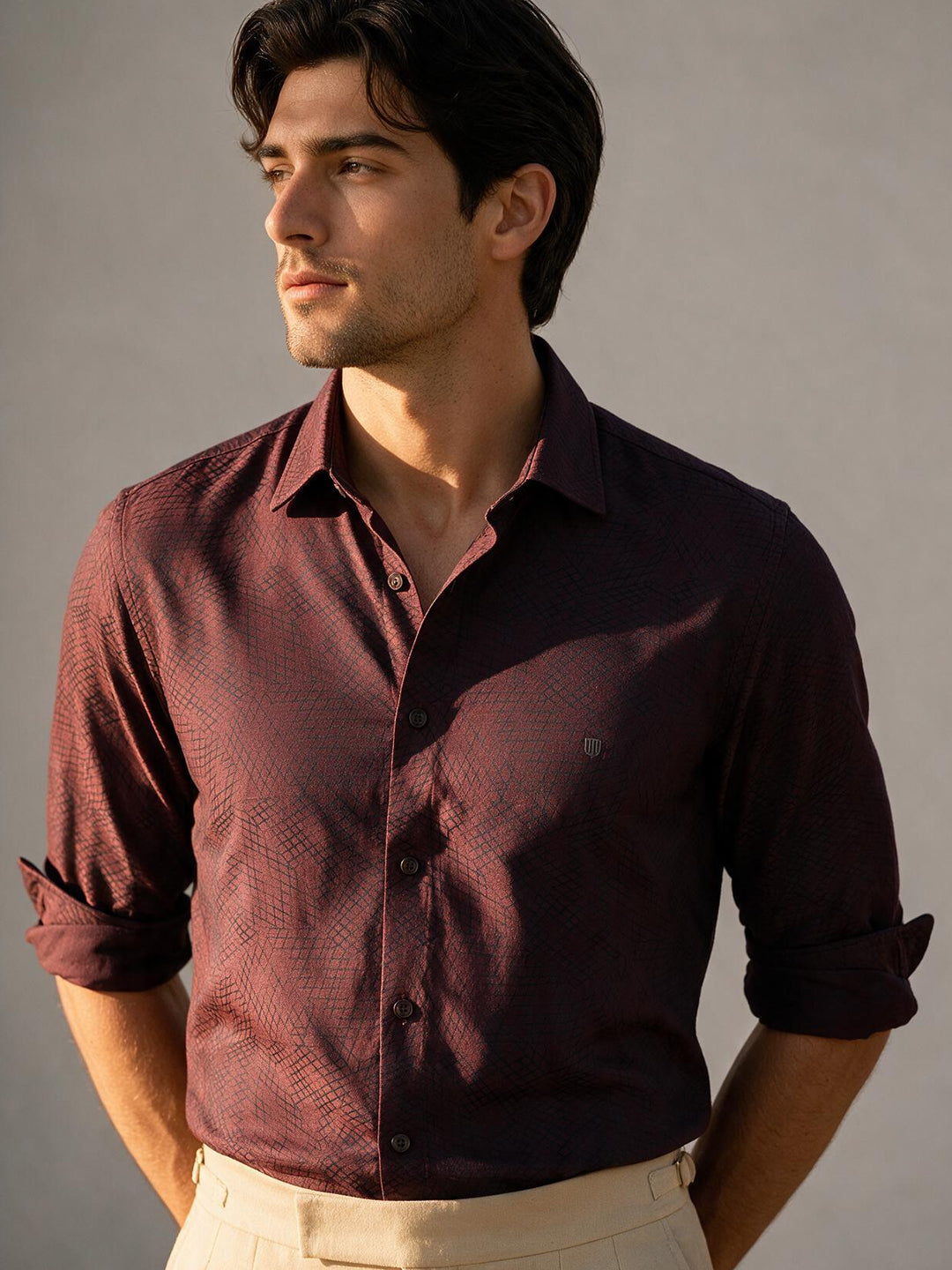Wine Mulberry Geometric Printed Casual Shirt