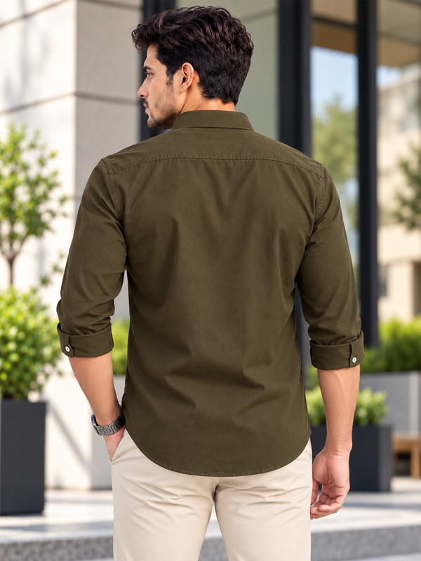 Vintage Olive Plain Urban Casual Shirt With Dual Pockets