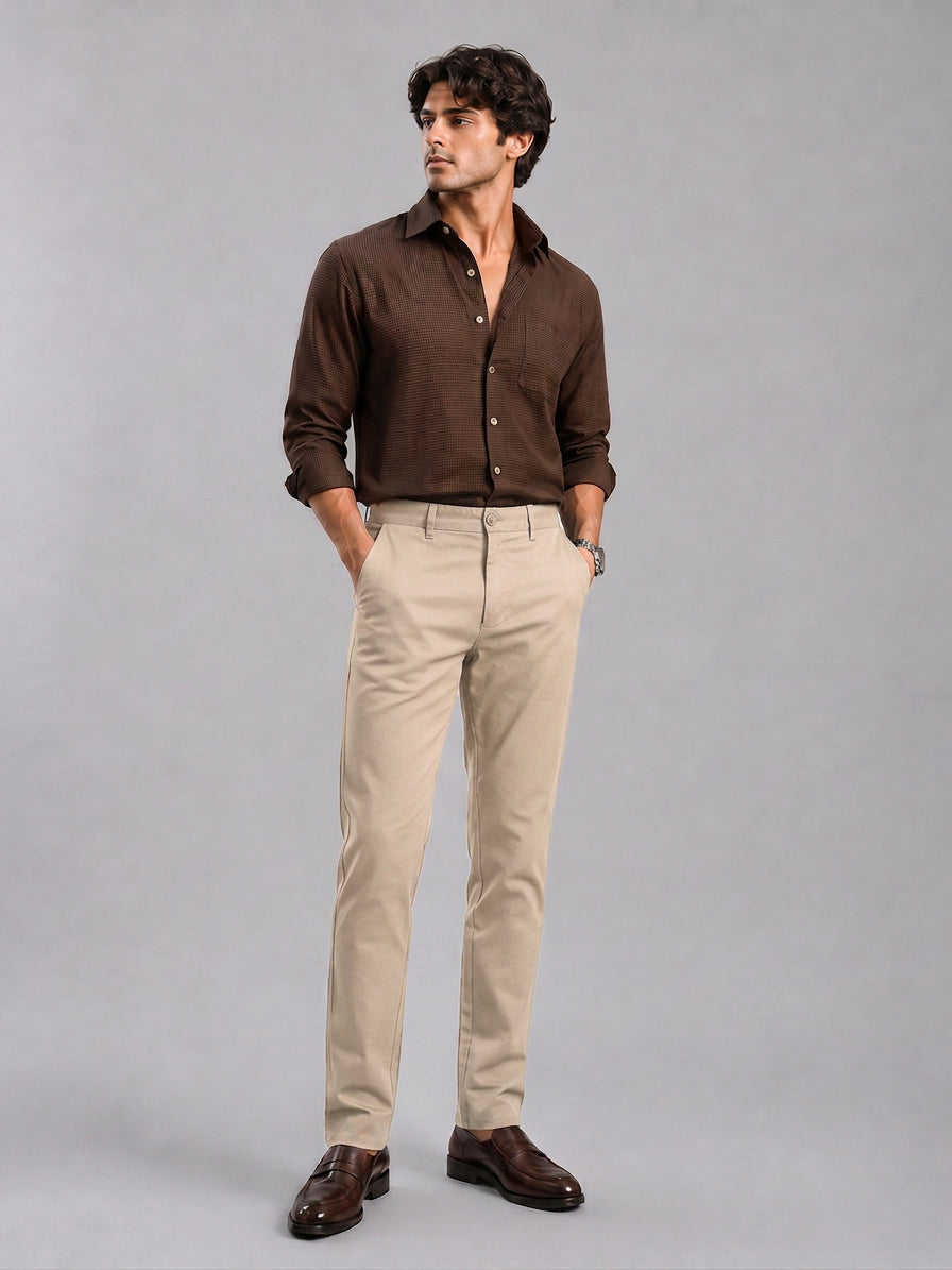 Mist Beige Solid Casual Trousers