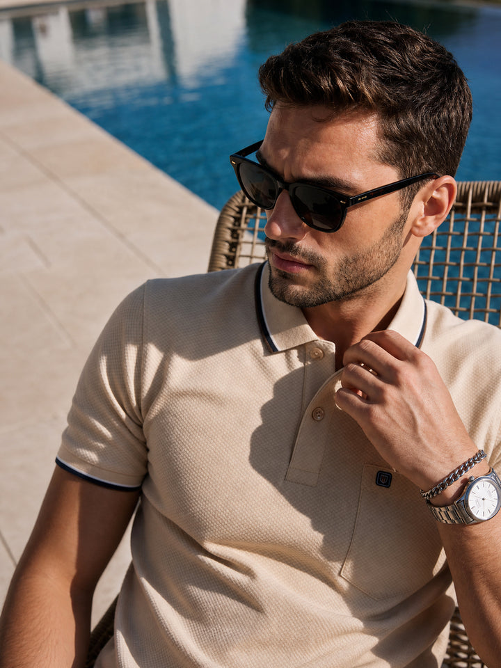 Sand Beige Textured Plain Polo T Shirt