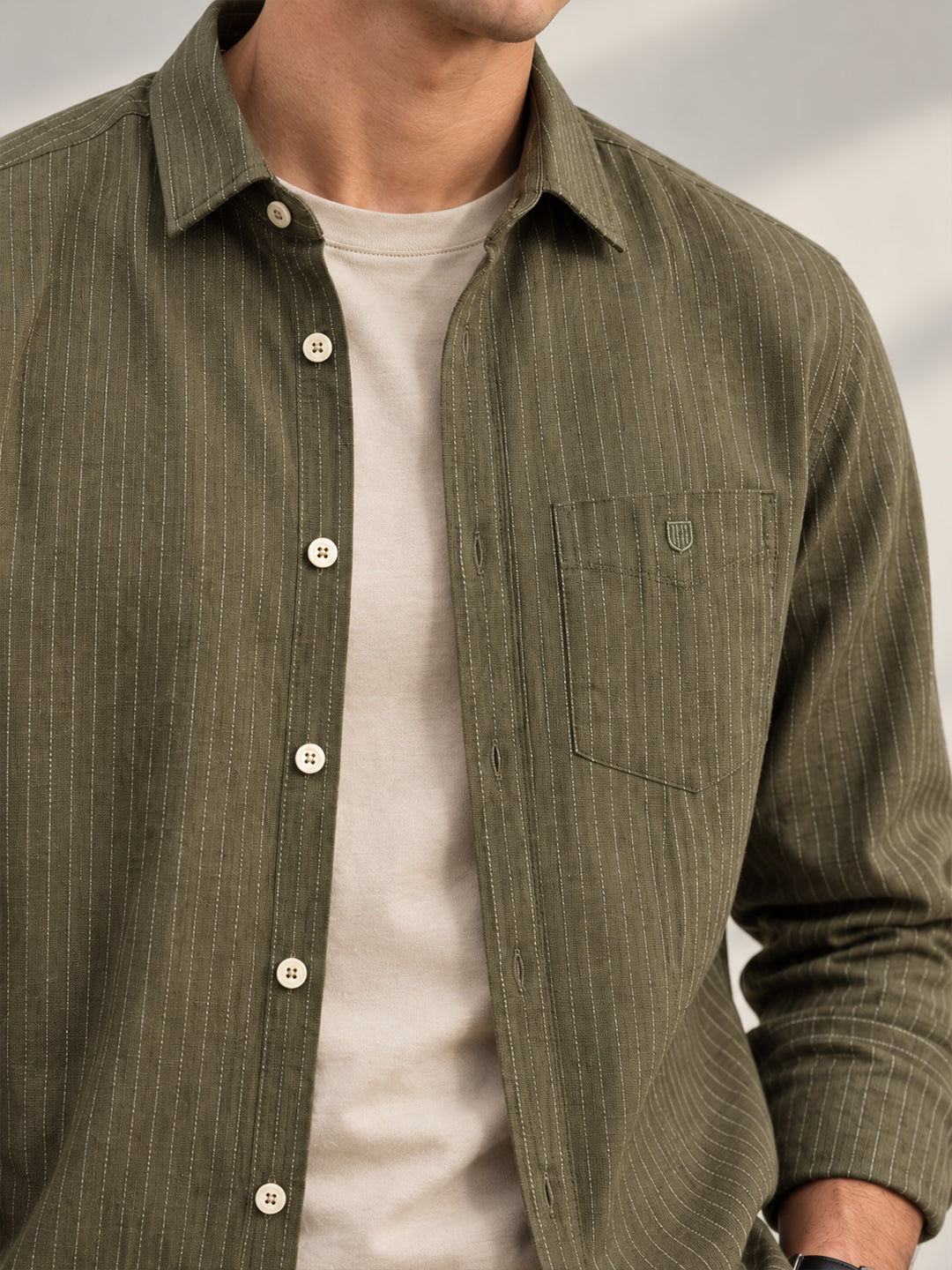 Light Olive Vertical Stripes Casual Shirt