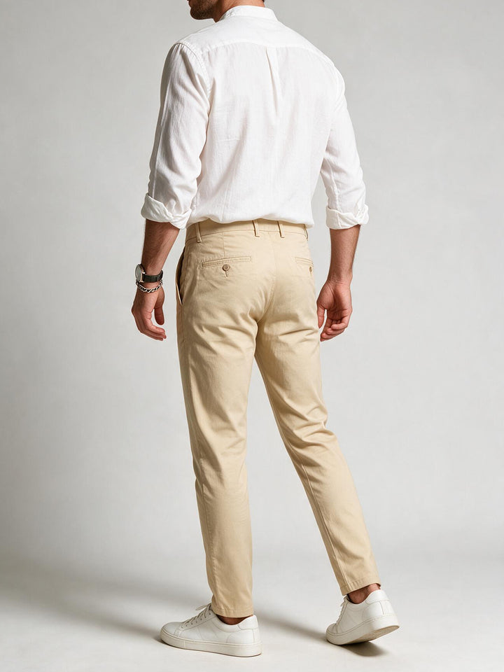 Beige Cotton Twill Satin Solid Casual Trousers