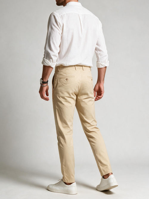 Beige Cotton Twill Satin Solid Casual Trousers