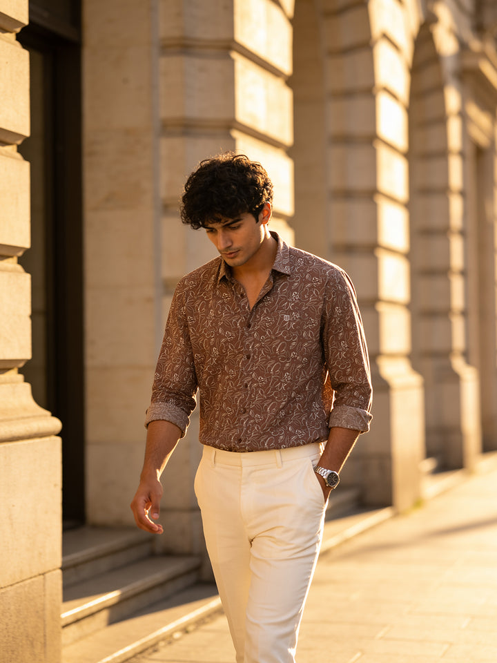 Muted Brown Floral Printed Casual Shirt