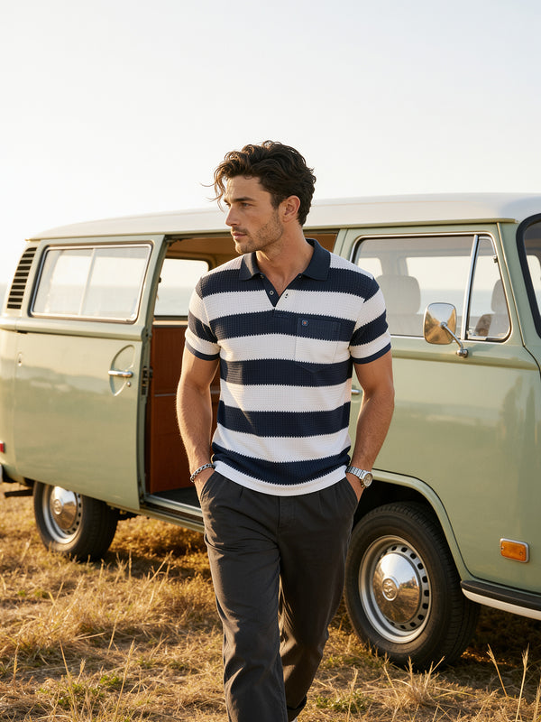 Air Force Blue Solid Horizontal Stripes Polo T Shirt