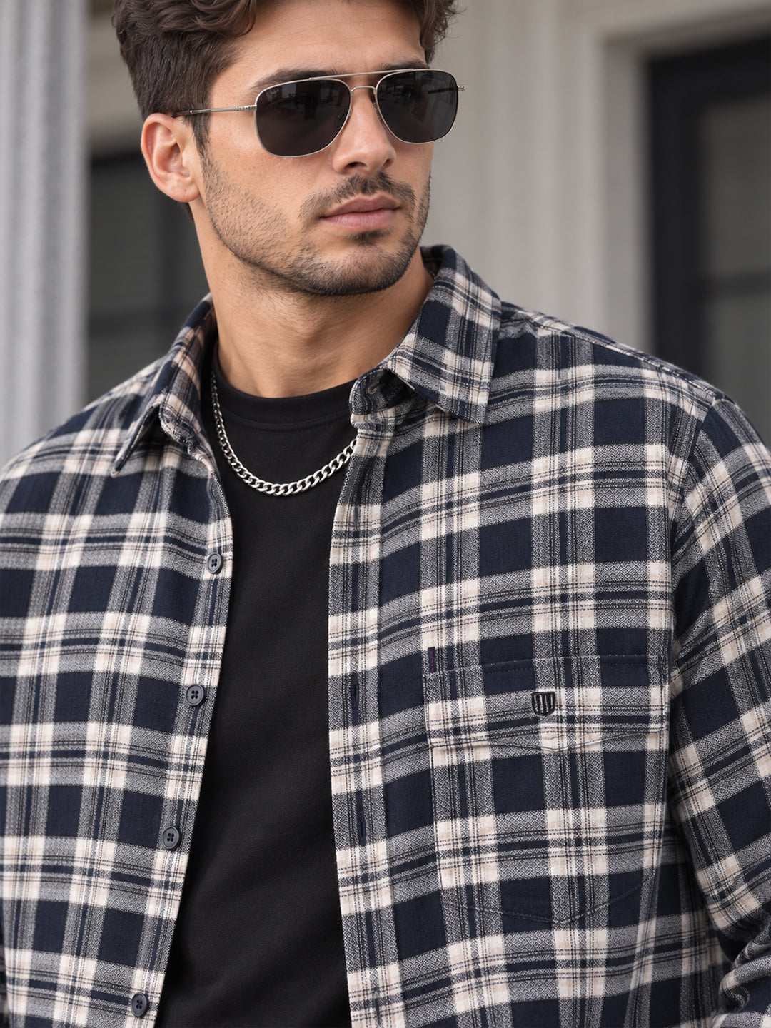 Prussian Blue Checkered Casual Shirt