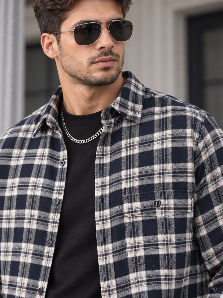 Prussian Blue Checkered Casual Shirt