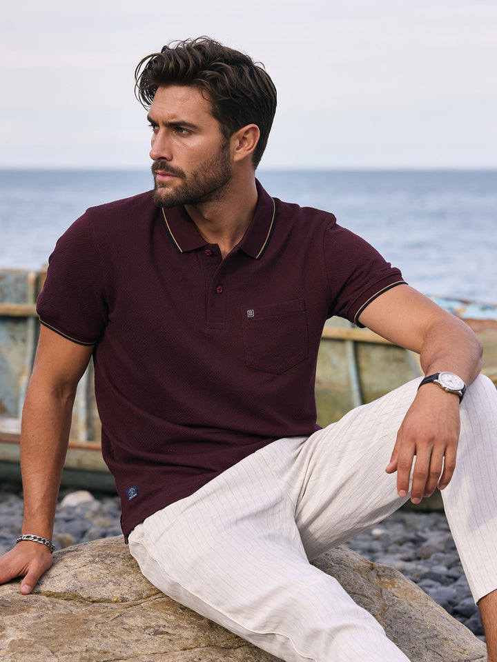 Berry Maroon Textured Plain Polo T Shirt