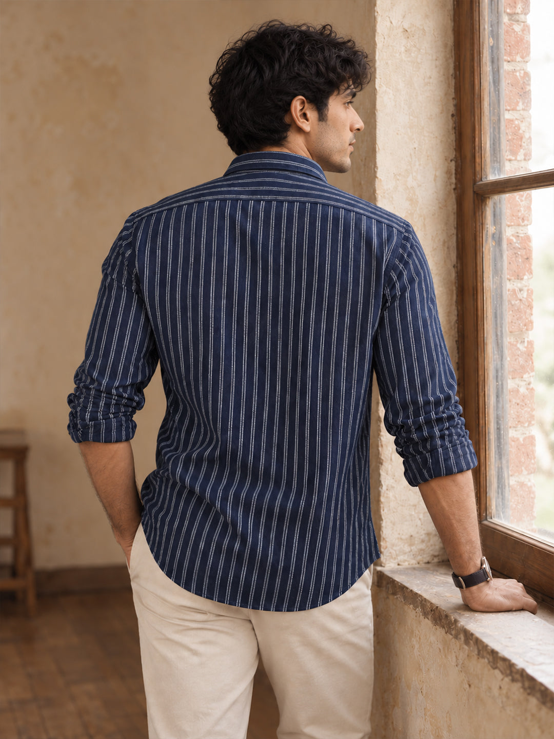 Dark Navy and White Embroider Vertical Stripes Casual Shirt