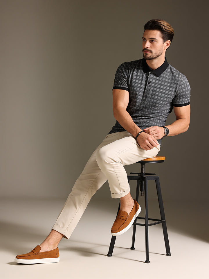 Noir Black Textured Printed Polo T Shirt