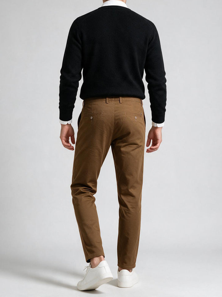 Brick Brown Cotton Twill Satin Solid Casual Trousers