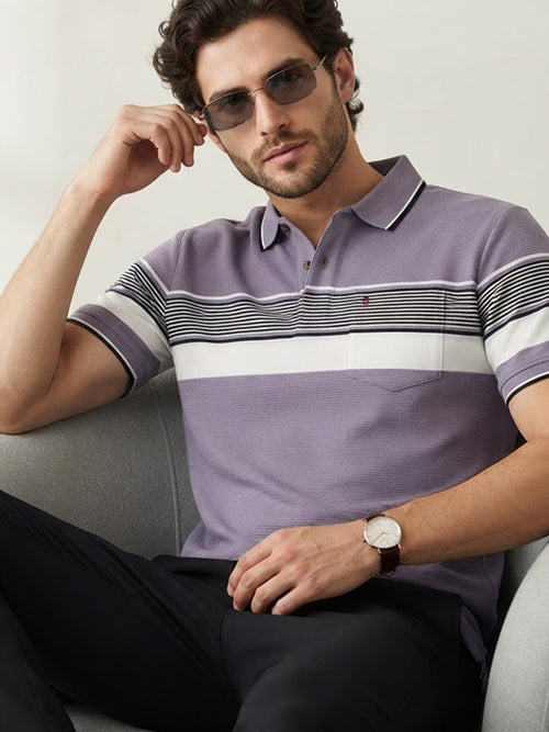 Lavender Grey Horizontal Stripes Polo T Shirt
