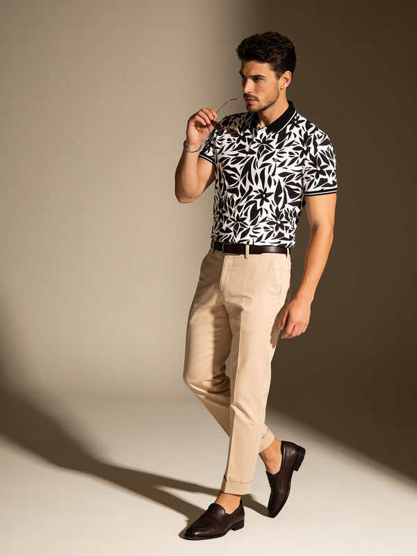 Black and White Floral Printed Polo T Shirt