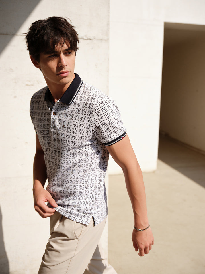 White and Black Printed Polo T Shirt