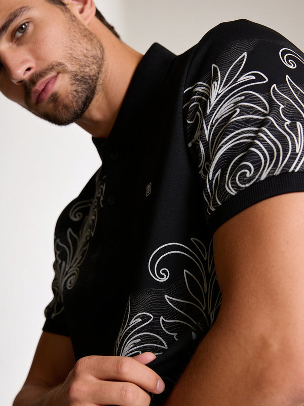 Obsidian Black and White Printed Polo T Shirt