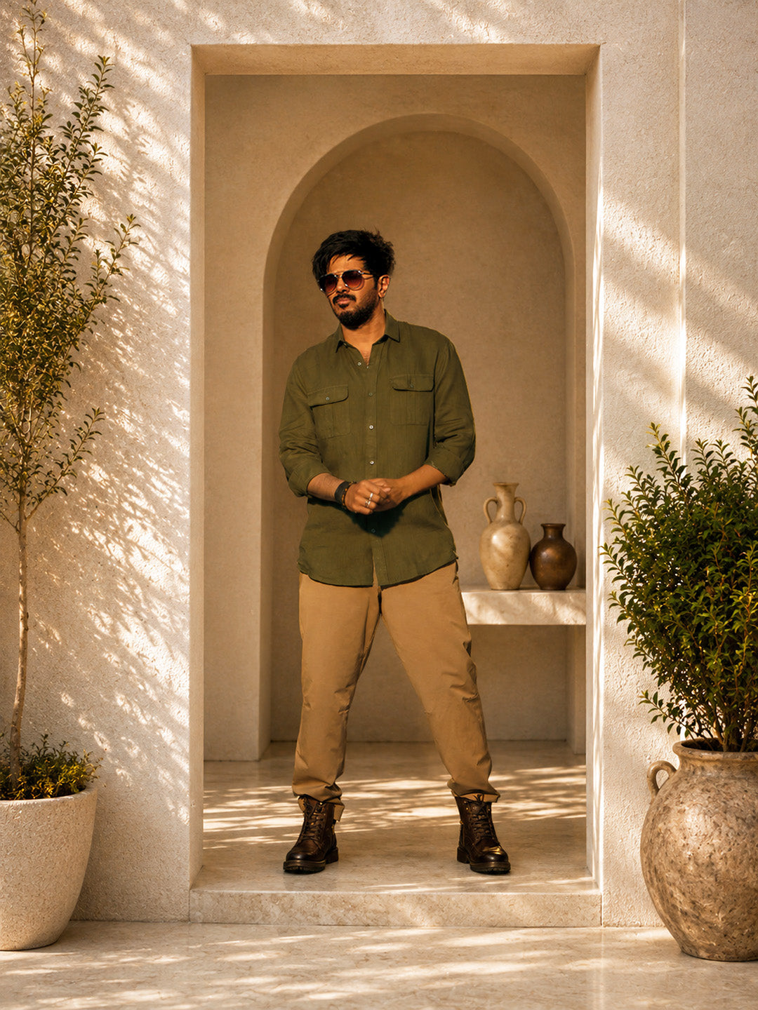Olive Green Urban Casual Shirt With Dual Pockets