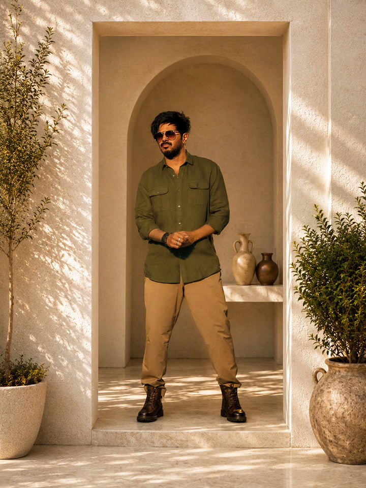 Olive Green Urban Casual Shirt With Dual Pockets