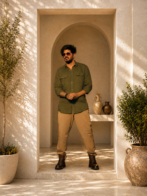 Olive Green Urban Casual Shirt With Dual Pockets