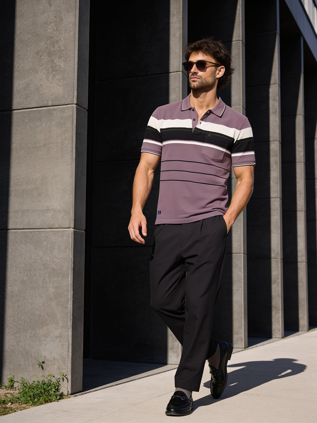 Smoky Plum Horizontal Stripes Polo T Shirt