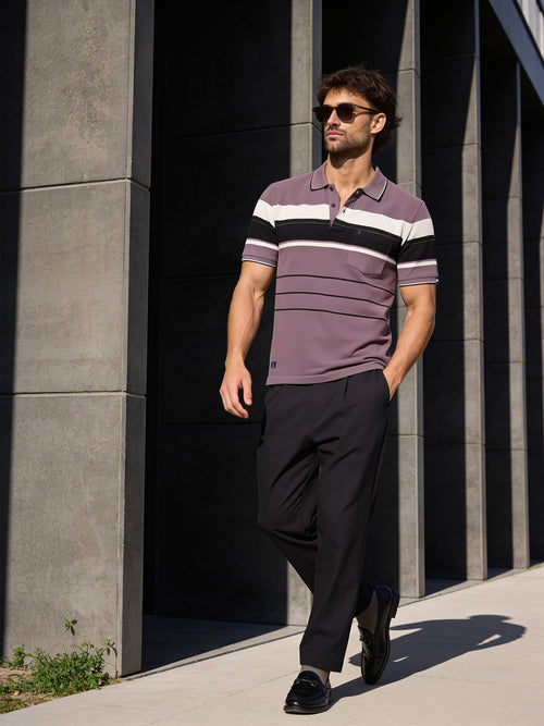 Smoky Plum Horizontal Stripes Polo T Shirt