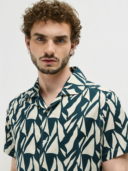 Dark Teal Blue Geometric Printed Casual Shirt