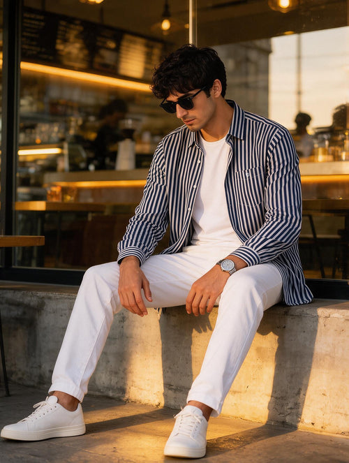 Ink Blue and White Vertical Stripes Casual Shirt