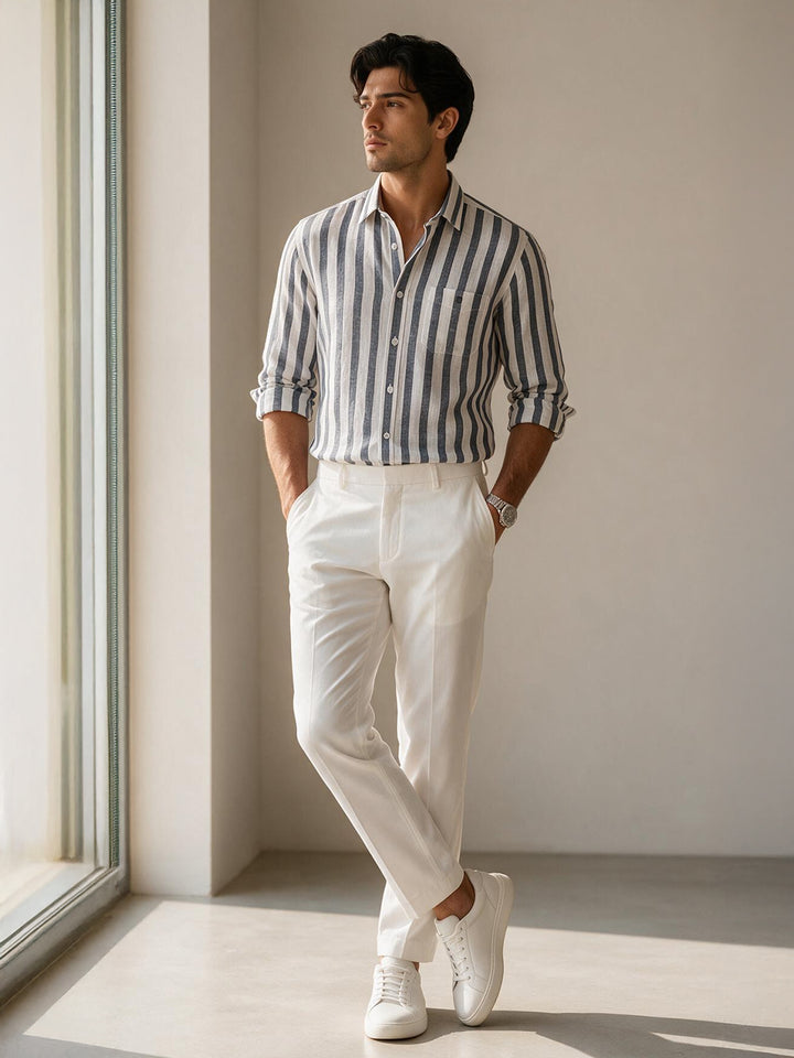 Shadow Blue Grey Vertical Stripes Casual Shirt