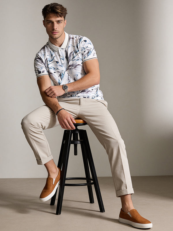 Light White and Blue Floral Printed Polo T Shirt