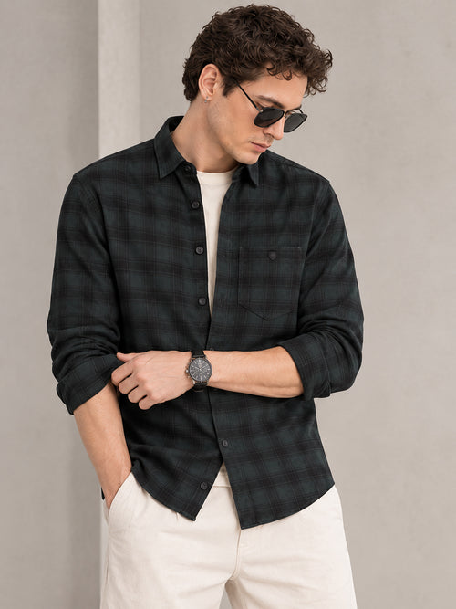 Mid night Green and Black Checkered Casual Shirt