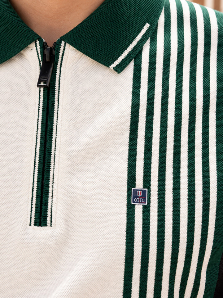 Dark Green and White Vertical Stripes Polo T Shirt