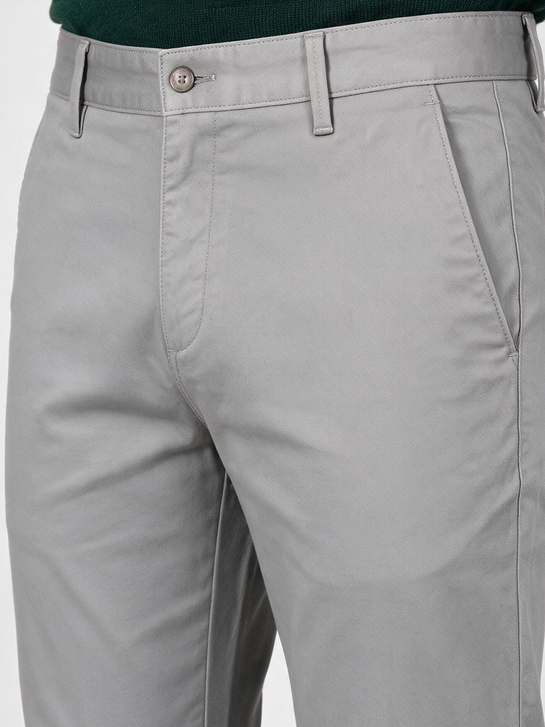 Grey Cotton Twill Satin Solid Casual Trousers