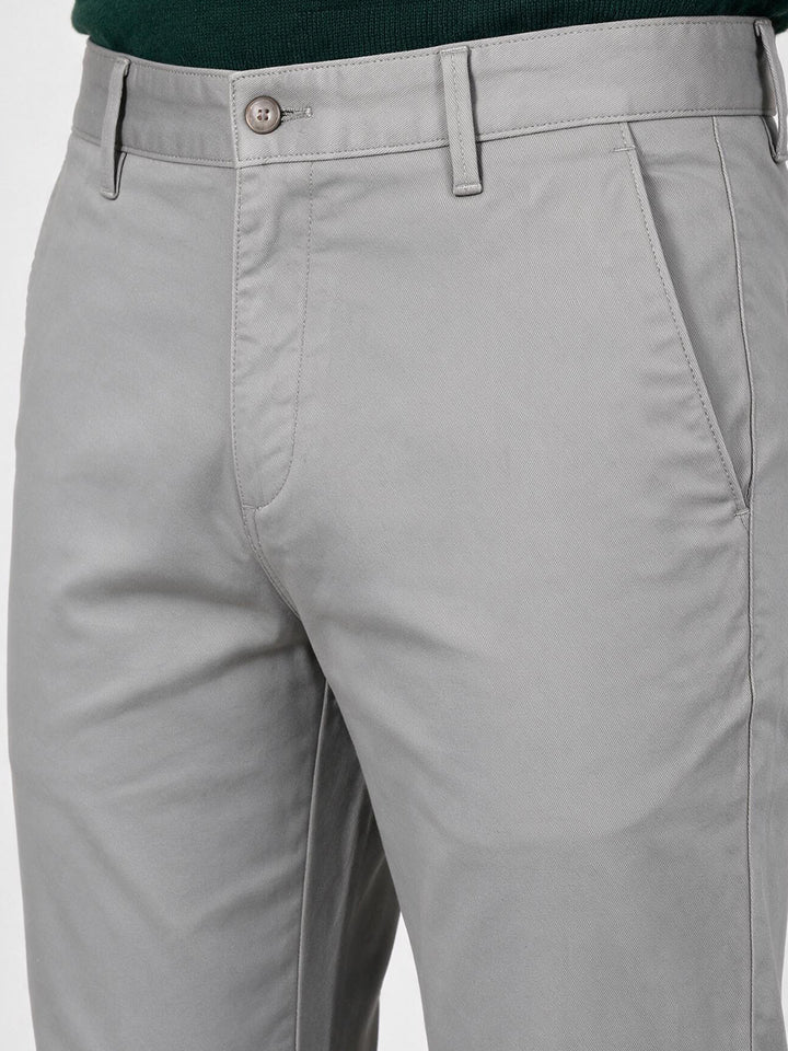 Grey Cotton Twill Satin Solid Casual Trousers