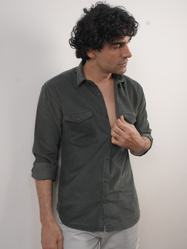 Olive Green Corduroy Plain Shirt