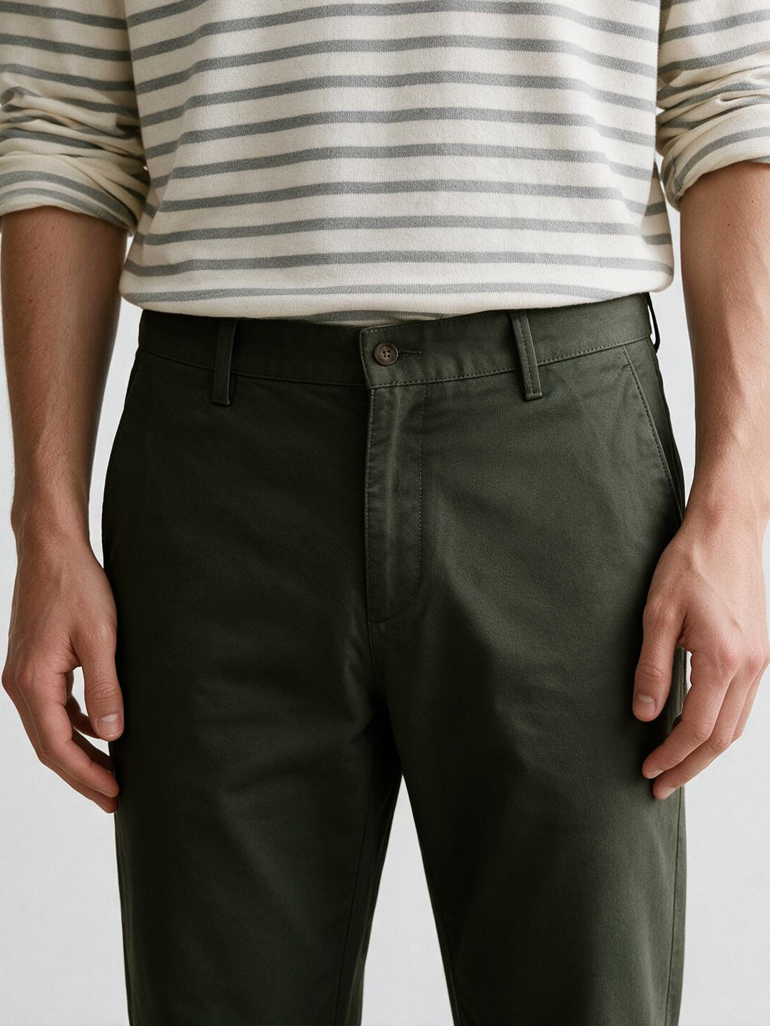 Dark Olive Cotton Twill Satin Solid Casual Trousers
