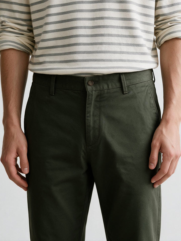 Dark Olive Cotton Twill Satin Solid Casual Trousers